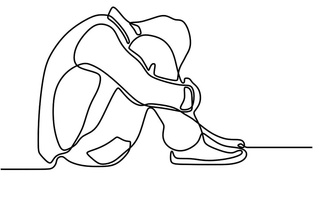 One line drawing of sad man hugs his knee and covering his face on white background. Continuous line drawing of frustration and stressful young man sitting on the ground. Man in depression.