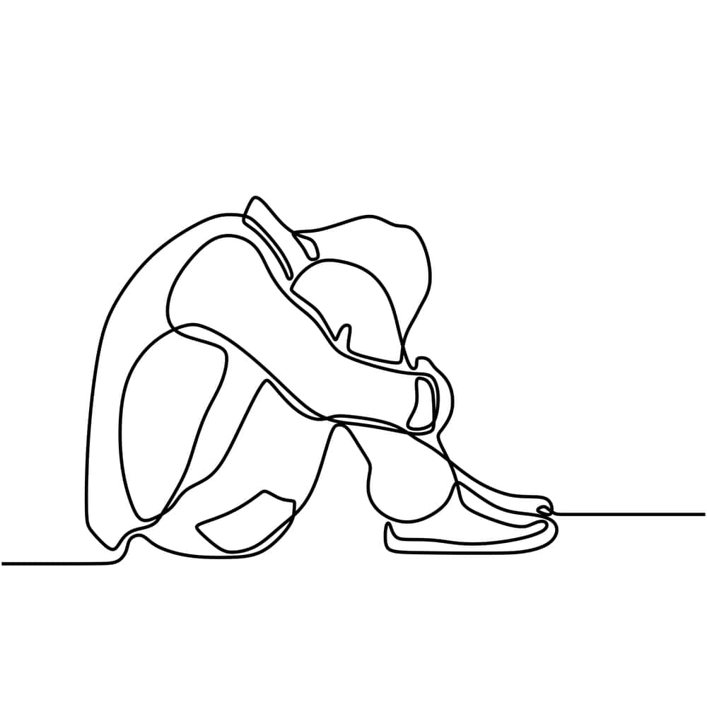 One line drawing of sad man hugs his knee and covering his face on white background. Continuous line drawing of frustration and stressful young man sitting on the ground. Man in depression.